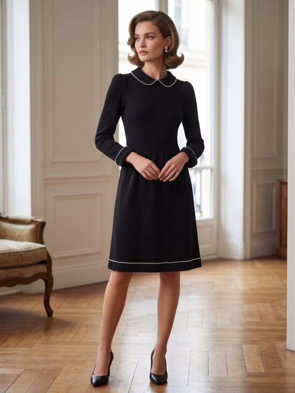 VNTG 1970s Adolfo for Saks Fifth Avenue Black LS rhinestone-Trim Dress